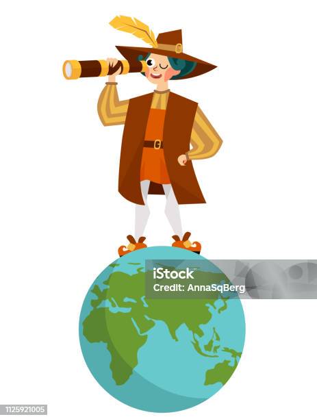 Happy Columbus Day With Columb Looking At Spyglass Stock Illustration - Download Image Now - Christopher Columbus - Explorer, Vector, Looking