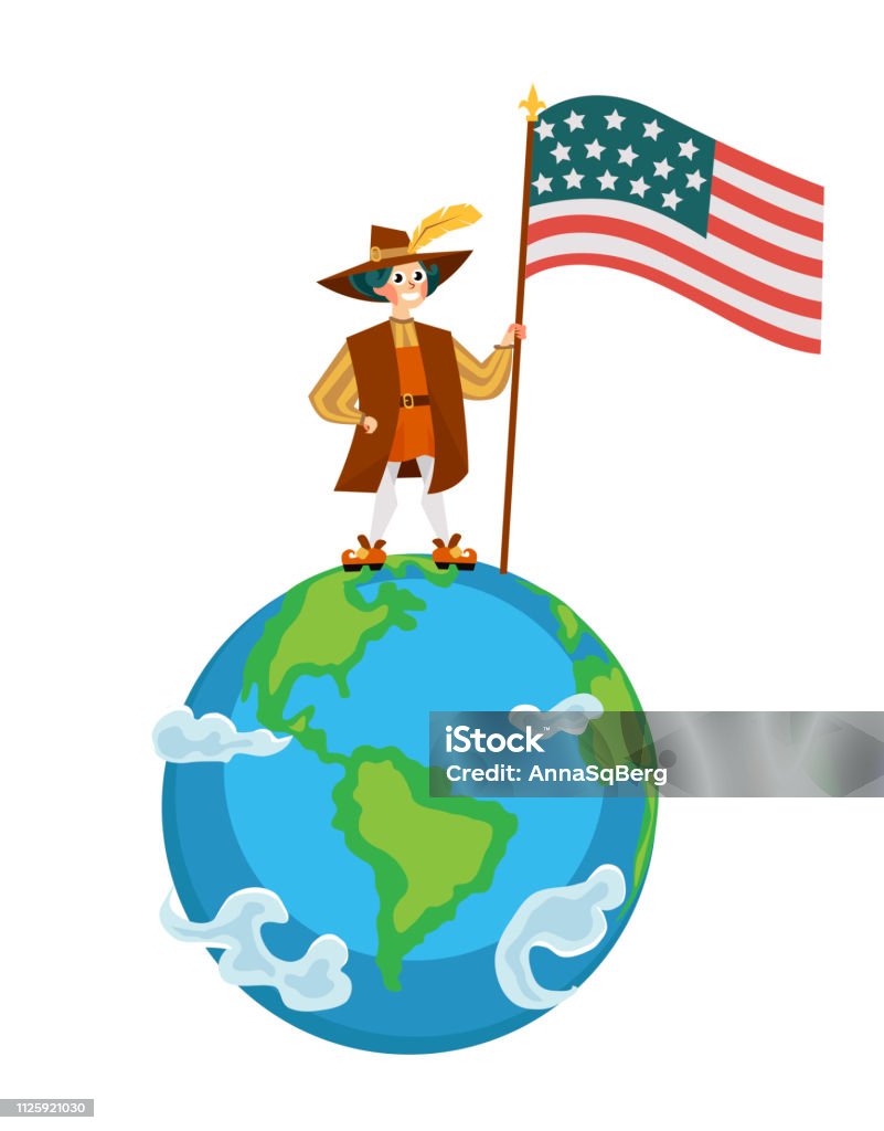 Happy Columbus Day poster with Columb on globe with flag Happy Columbus Day poster with Columb on globe with flag. Greeting or invitation card with great spanish sailor standing on symbol of earth and holding USA Stars and Stripes vector illustration American Culture stock vector