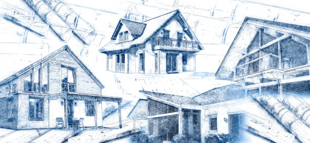 Modern houses and blueprints vector art illustration