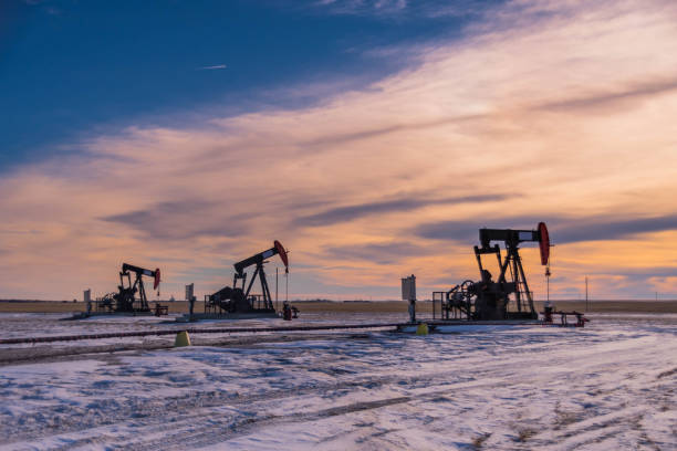 derrick de óleo nas pradarias no inverno - oil well oil rig drilling rig oil field - fotografias e filmes do acervo