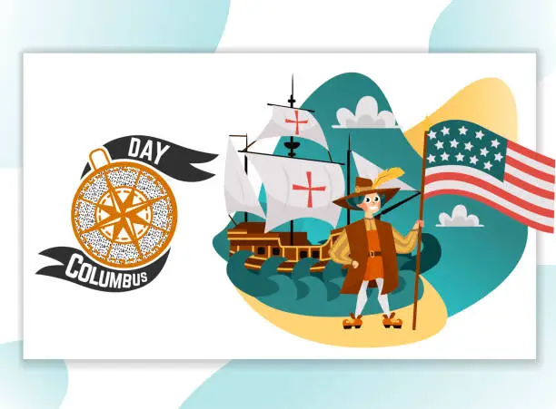 Vector illustration of Columbus Day poster with Columb and Santa Maria card text logo design template