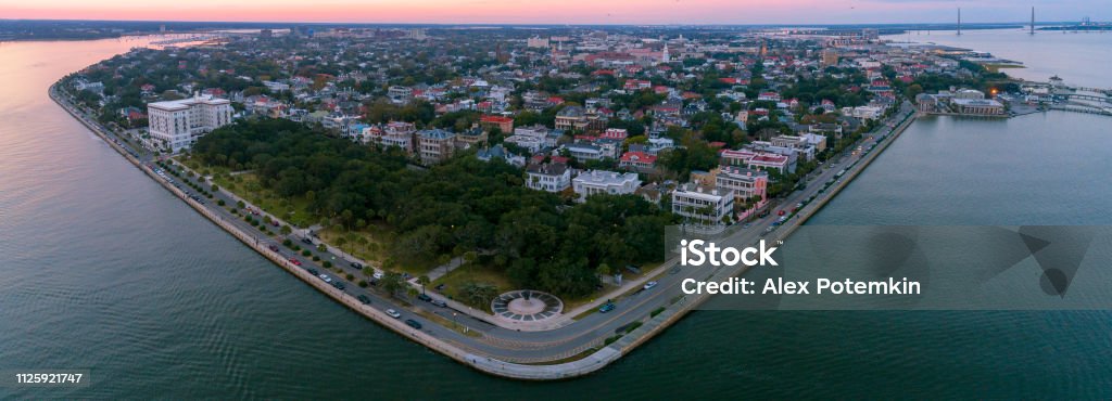 The scenic aerial view of the Charleston, South Carolina, at sunset The scenic aerial view of the Charleston, South Carolina, USA, at sunset Charleston - South Carolina Stock Photo