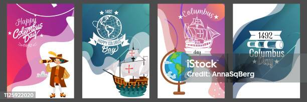 Columbus Day Set With Ship Map Helm Compass Symbols Greeting Card Lettering Text Logo Design Stock Illustration - Download Image Now