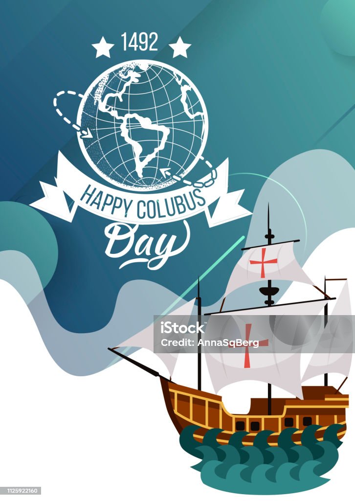 Happy Columbus Day poster with sailing ship greeting card lettering text logo design Happy Columbus Day poster with sailing ship. Vessel floating on the sea waves greeting or invitation card. Caravel Santa Maria vector illustration. Isolated on white American Culture stock vector