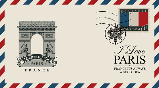 Vector envelope or postcard in retro style with Triumphal arch, postmark in form of French coat of arms and postage stamp with French flag. Inscription I love Paris