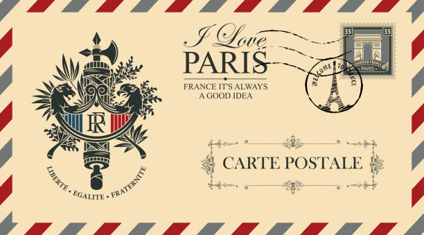 ilustraciones, imágenes clip art, dibujos animados e iconos de stock de vector de envolvente con escudo francés - postage stamp postmark mail paris france