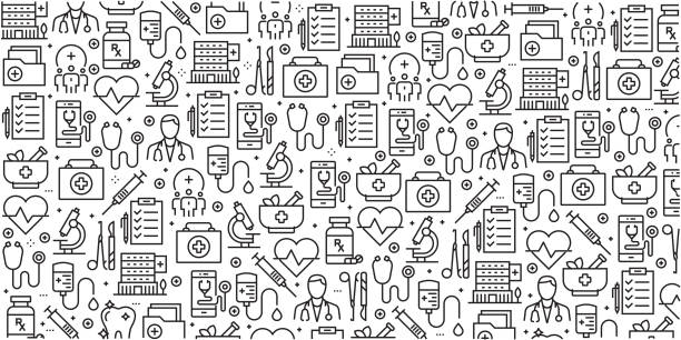 Vector set of design templates and elements for Healthcare and Medicine in trendy linear style - Seamless patterns with linear icons related to Healthcare and Medicine - Vector