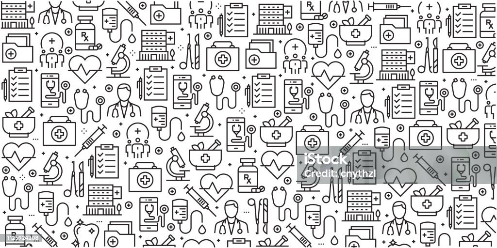 Vector set of design templates and elements for Healthcare and Medicine in trendy linear style - Seamless patterns with linear icons related to Healthcare and Medicine - Vector Healthcare And Medicine stock vector