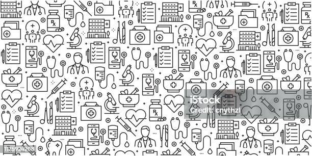 Vector Set Of Design Templates And Elements For Healthcare And Medicine In Trendy Linear Style Seamless Patterns With Linear Icons Related To Healthcare And Medicine Vector Stock Illustration - Download Image Now