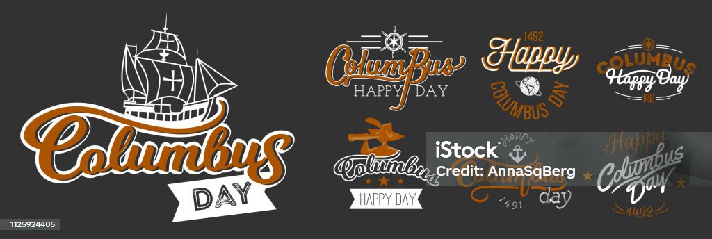 Happy Columbus Day logo sign flat set Happy Columbus Day logo sign flat set. Collection consist of emblems with lettering inscription anchor globe sailor and ship symbols vector illustration. Isolated on black Adventure stock vector