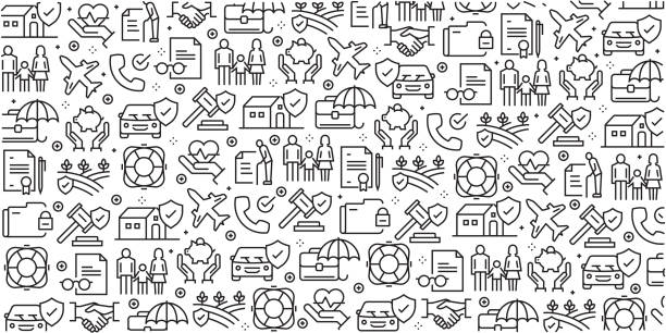 Vector set of design templates and elements for Insurance in trendy linear style - Seamless patterns with linear icons related to Insurance - Vector Vector set of design templates and elements for Insurance in trendy linear style - Seamless patterns with linear icons related to Insurance - Vector family designs stock illustrations