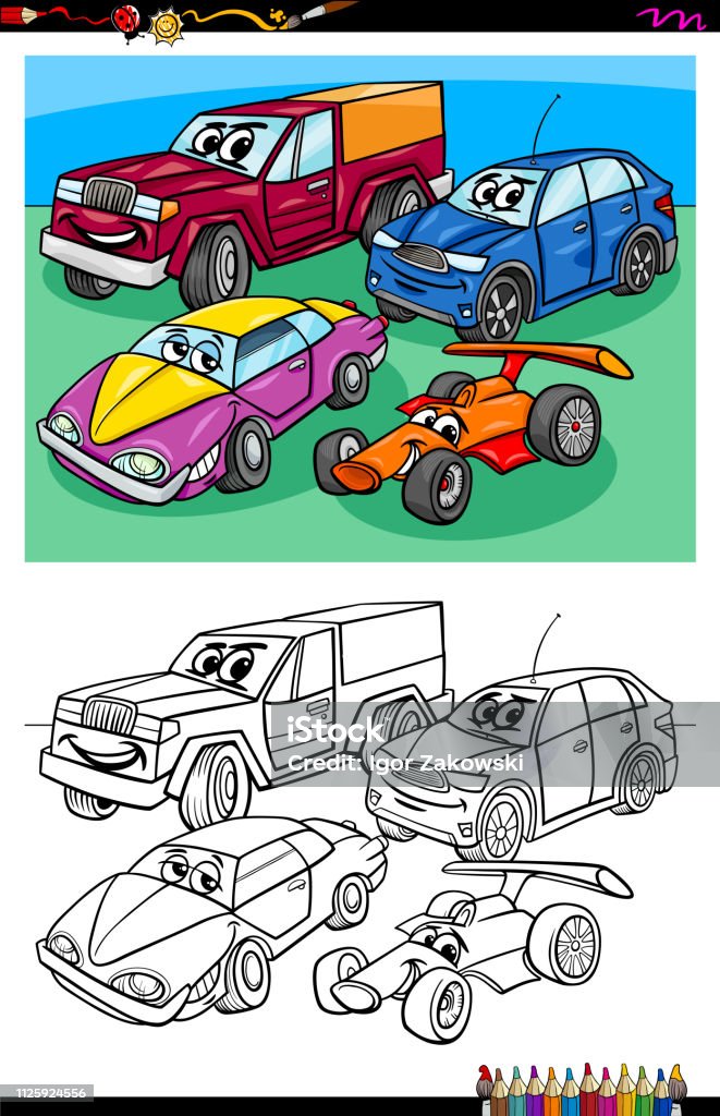 car characters group coloring book Cartoon Illustration of Funny Car Vehicles Animal Characters Group Coloring Book Activity Activity stock vector