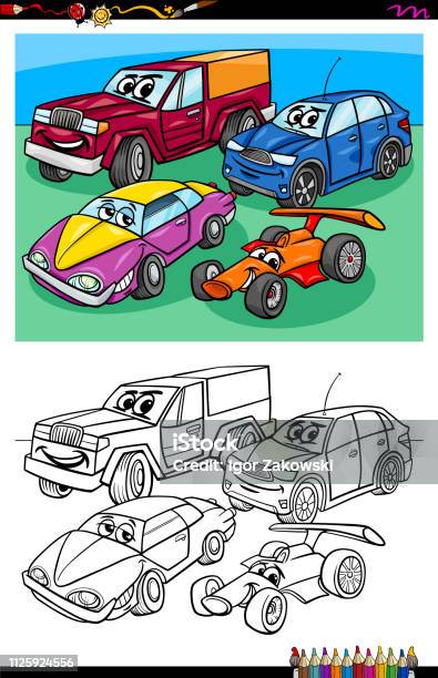 Car Characters Group Coloring Book Stock Illustration - Download Image Now - Activity, Arranging, Black And White