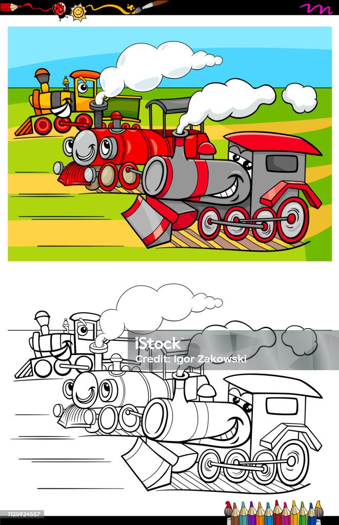 locomotives characters group color book Cartoon Illustration of Funny Locomotives Vehicle Characters Group Coloring Book Activity Coloring stock vector