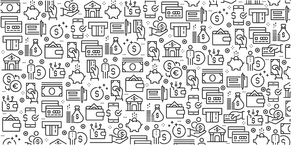 Vector set of design templates and elements for Money in trendy linear style - Seamless patterns with linear icons related to Money - Vector