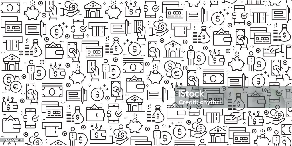 Vector set of design templates and elements for Money in trendy linear style - Seamless patterns with linear icons related to Money - Vector Backgrounds stock vector