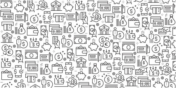 Vector set of design templates and elements for Money in trendy linear style - Seamless patterns with linear icons related to Money - Vector Vector set of design templates and elements for Money in trendy linear style - Seamless patterns with linear icons related to Money - Vector banking backgrounds stock illustrations