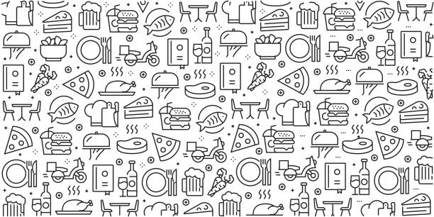 vektorsatz von designvorlagen und elementen für restaurant und essen im trendigen linearen stil - nahtlose muster mit linearen icons im zusammenhang mit restaurant und essen - vector - symbol food salad icon set stock-grafiken, -clipart, -cartoons und -symbole