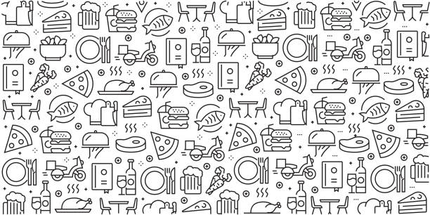 Vector set of design templates and elements for Restaurant and Food in trendy linear style - Seamless patterns with linear icons related to Restaurant and Food - Vector Vector set of design templates and elements for Restaurant and Food in trendy linear style - Seamless patterns with linear icons related to Restaurant and Food - Vector lunch designs stock illustrations