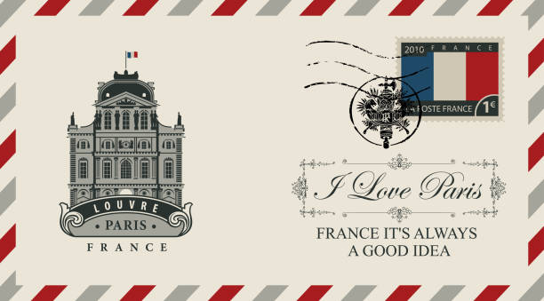 ilustraciones, imágenes clip art, dibujos animados e iconos de stock de envolvente de vector con notre dame de parís - postage stamp postmark mail paris france