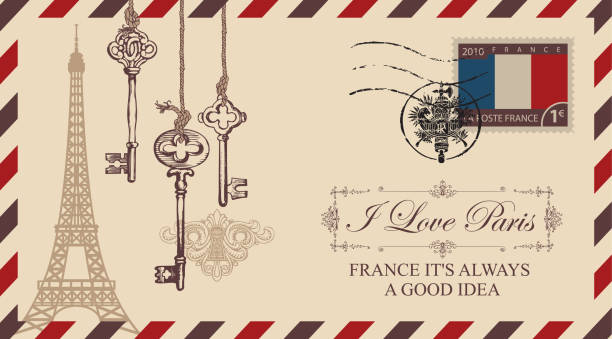 ベクトル封筒またははがきエッフェル塔 - postage stamp postmark mail paris france点のイラスト素材／クリップアート素材／マンガ素材／アイコン素材