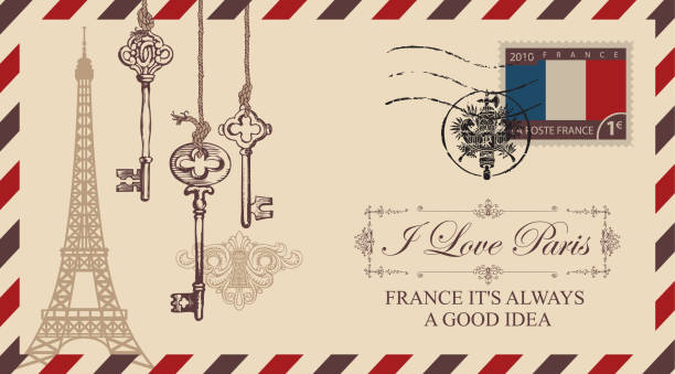 ilustrações, clipart, desenhos animados e ícones de vector envelope ou cartão postal com a torre eiffel - postcard french culture france postage stamp