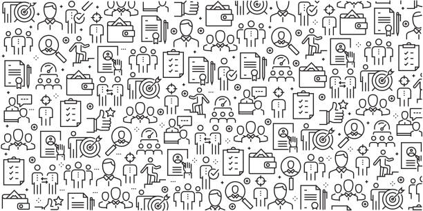 Vector set of design templates and elements for Human Resources in trendy linear style - Seamless patterns with linear icons related to Human Resources - Vector Vector set of design templates and elements for Human Resources in trendy linear style - Seamless patterns with linear icons related to Human Resources - Vector recruitment patterns stock illustrations