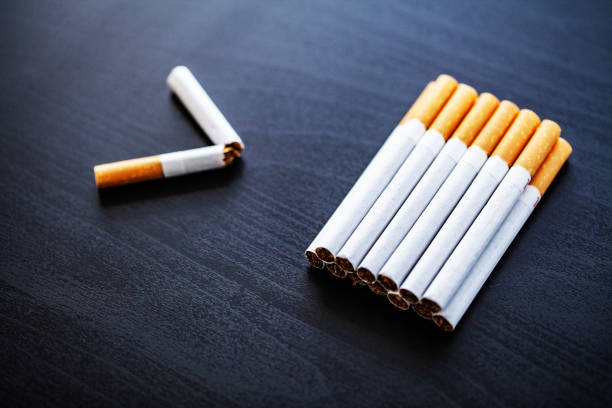 istock Stop smoking concept on background with broken cigarettes. Heap of cigarettes. No smoking 1125929762