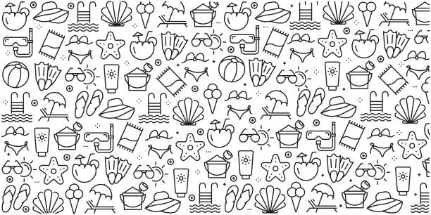 Vector set of design templates and elements for Summer and Beach in trendy linear style - Seamless patterns with linear icons related to Summer and Beach - Vector Vector set of design templates and elements for Summer and Beach in trendy linear style - Seamless patterns with linear icons related to Summer and Beach - Vector travel designs stock illustrations