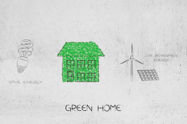 house made of leaves next to renewable energy icons stock photo