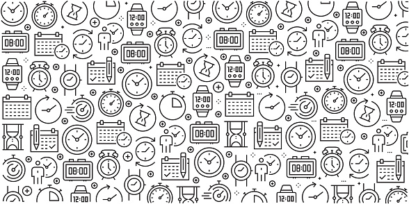 Vector set of design templates and elements for Time Related in trendy linear style - Seamless patterns with linear icons related to Time Related - Vector