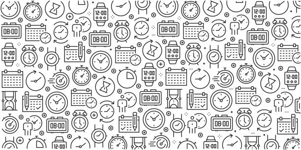 Vector set of design templates and elements for Time Related in trendy linear style - Seamless patterns with linear icons related to Time Related - Vector Vector set of design templates and elements for Time Related in trendy linear style - Seamless patterns with linear icons related to Time Related - Vector clock designs stock illustrations