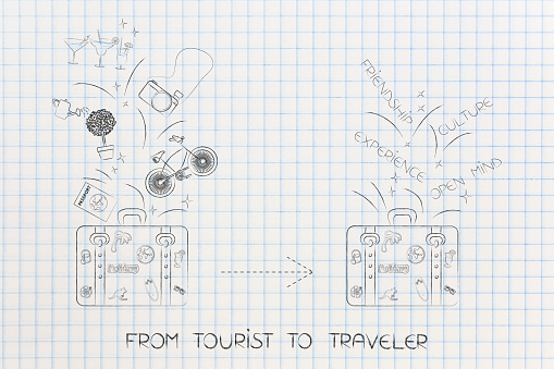 culture and travel conceptual illustration: from tourist to traveler luggage departing with mixed fun objects and coming back with knowledge