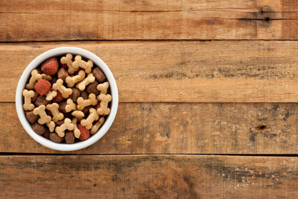 Dog food Top view of white bowl full of dog food over wooden table dog bowl photos stock pictures, royalty-free photos & images