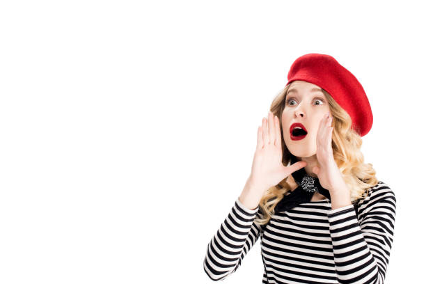 istock attractive woman in red beret screaming isolated on white 1125938892