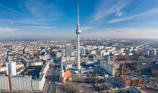 The famous Berlin Skyline with the Television Tower. Panorama Aerial Shot. Converted from RAW.