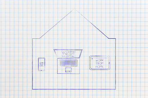 work from home conceptual illustration: house with laptop and devices with captions inside