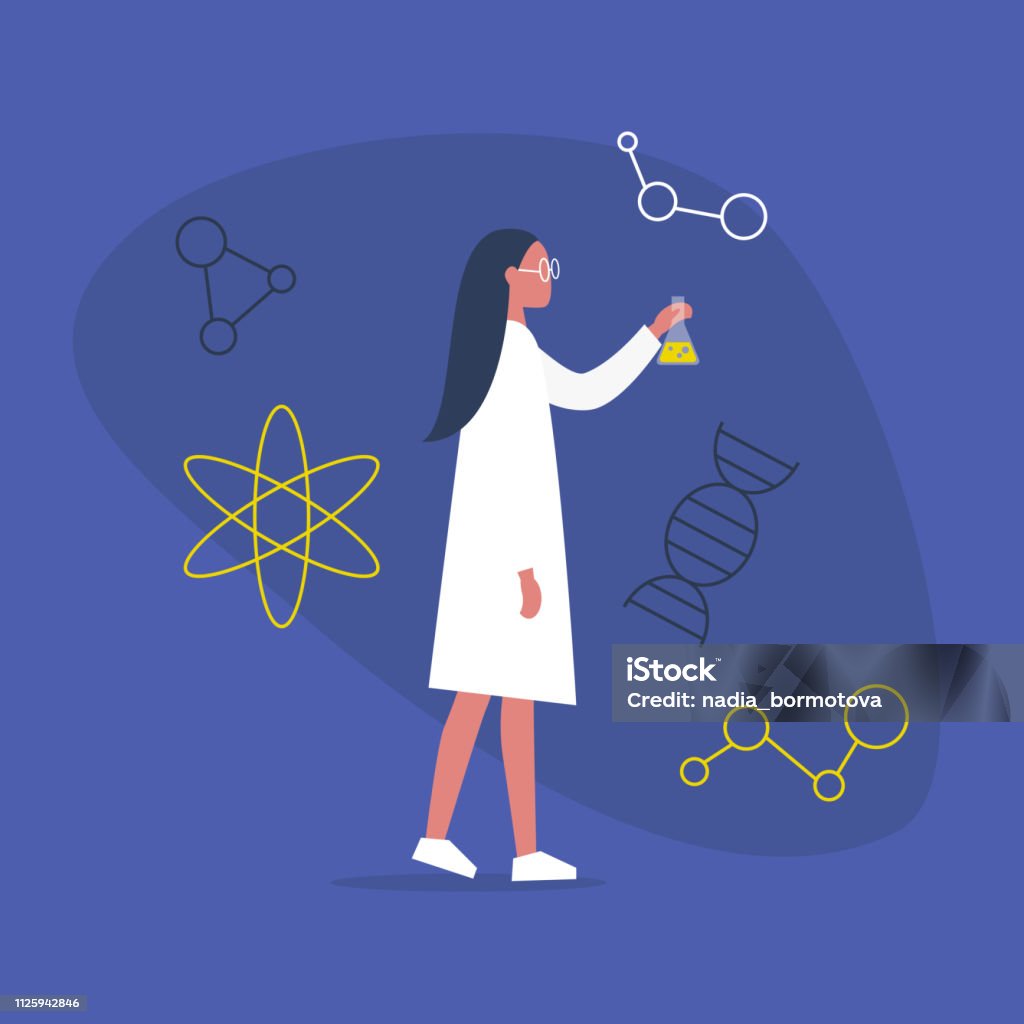 Young female scientist holding a glass flask. Experiments. Chemistry. Biology. Medicine. Flat editable vector illustration, clip art - Royalty-free Cientista arte vetorial