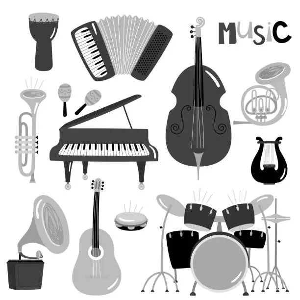 Vector illustration of Monochrome vector music instruments of collection isolated