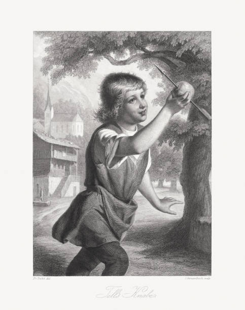 ilustrações, clipart, desenhos animados e ícones de filho de wilhelm tell após o tiro de apple, gravura de cobre - william tell