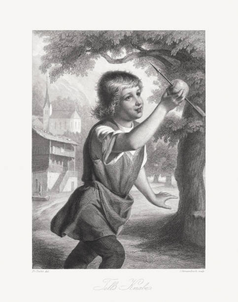 Wilhelm Tell's son with the apple after the shot, 1859 Wilhelm Tell's son with the apple after the shot. Scene from the legendary Switzerland myth by Friedrich Schiller. Steel engraving after a painting by Friedrich Pecht (German lithographer, author and painter, 1814 - 1903), published in 1859. shot apple stock illustrations