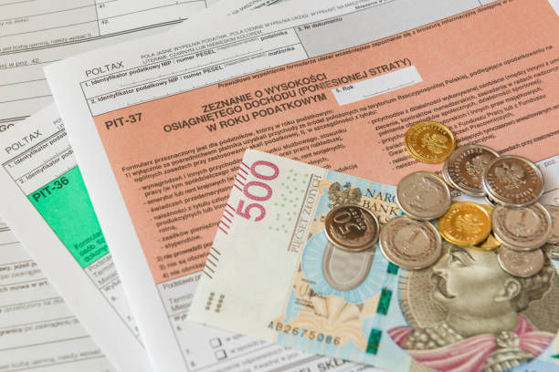 Polish tax form PIT-37 for individual tax return Polish tax form, PIT-37, close up, coins, individual tax return number 37 stock pictures, royalty-free photos & images