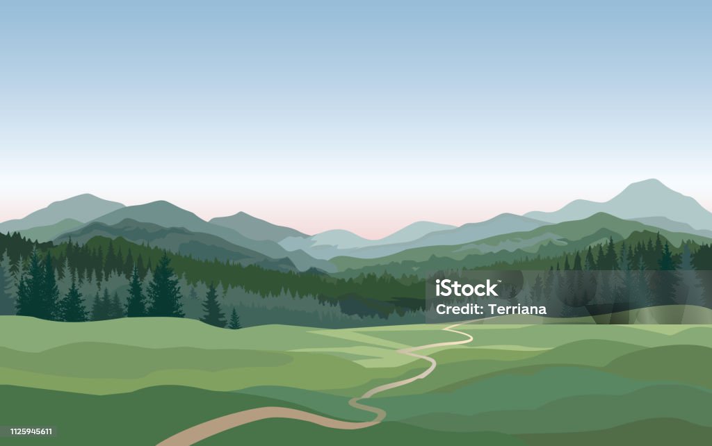 Paisaje rural. Montañas, colinas, campos naturaleza fondo - arte vectorial de Montaña libre de derechos