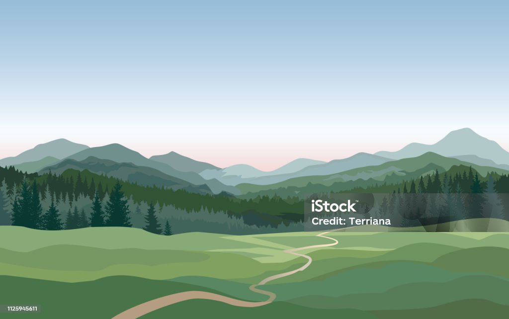 農村の風景です。山、丘、フィールド、自然の背景 - 山のロイヤリティフリーベクトルアート