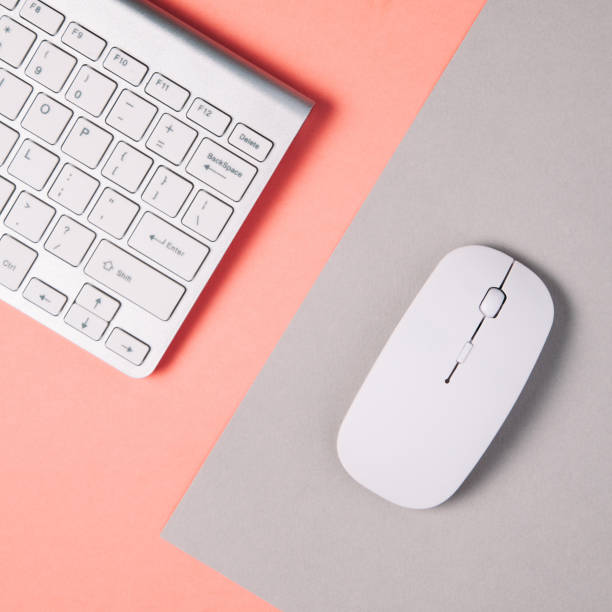 istock Keyboard and mouse on a pale gray-pink background 1125948088