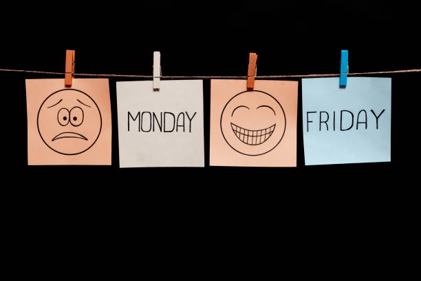 istock Copy space. Four stickers. Two emoticons and two inscriptions. Expression of frustration. Monday. Emotion of joy. Friday. 1125948196