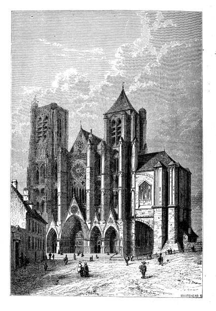 illustrazioni stock, clip art, cartoni animati e icone di tendenza di illustrazione antica delle cattedrali francesi: cattedrale di bourges - cher
