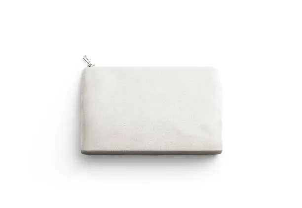 Blank canvas clutch for cosmetic mock up, isolated, 3d rendering. Empty small sac mockup, top view. Clear cotton wallet or purse template. Soft beauty accessory.