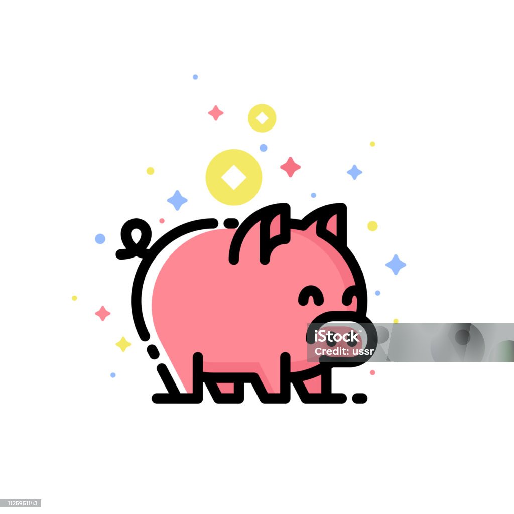 Cute pink pig isolated on white background. Editable stroke Cute stock vector