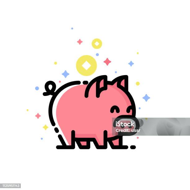 Cute Pink Pig Isolated On White Background Editable Stroke Stock Illustration - Download Image Now